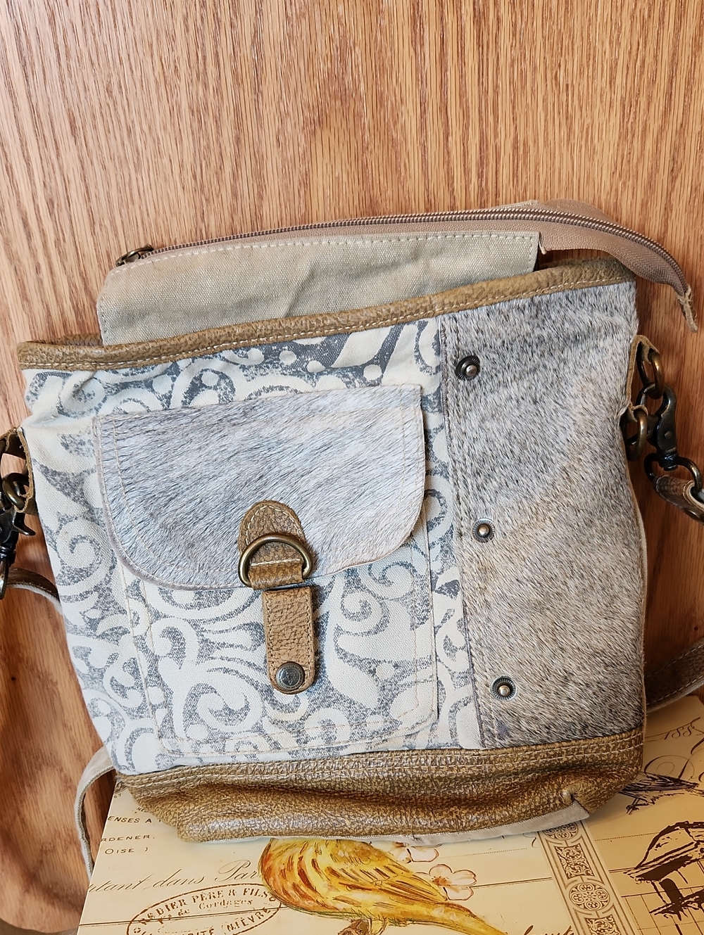 Myra Bag Neutral Patterned Crossbody with Haircalf and Metallic Bronze Trim